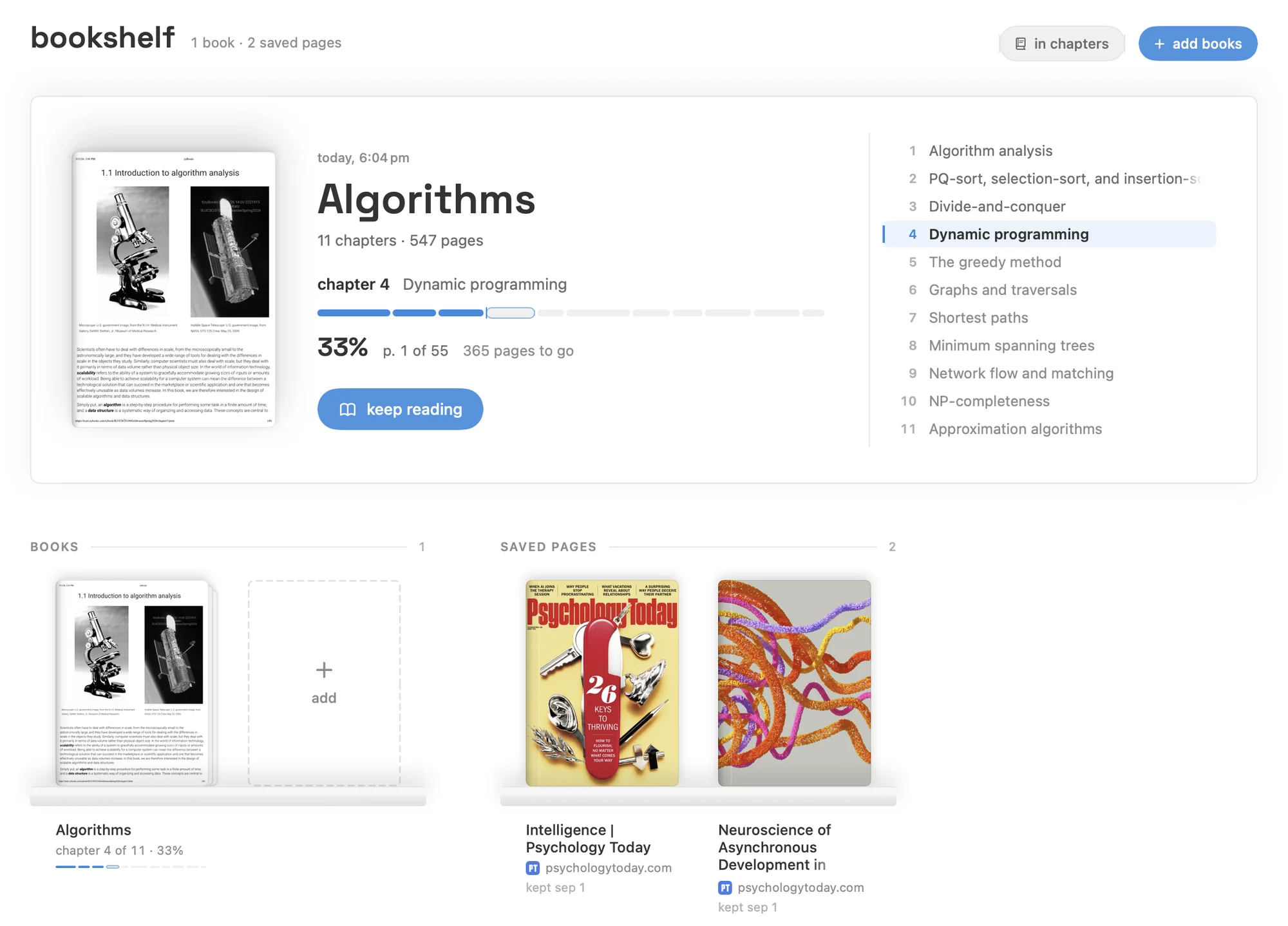 the telos bookshelf: a book at 33% with its chapter list and a keep reading button, and saved pages on a shelf