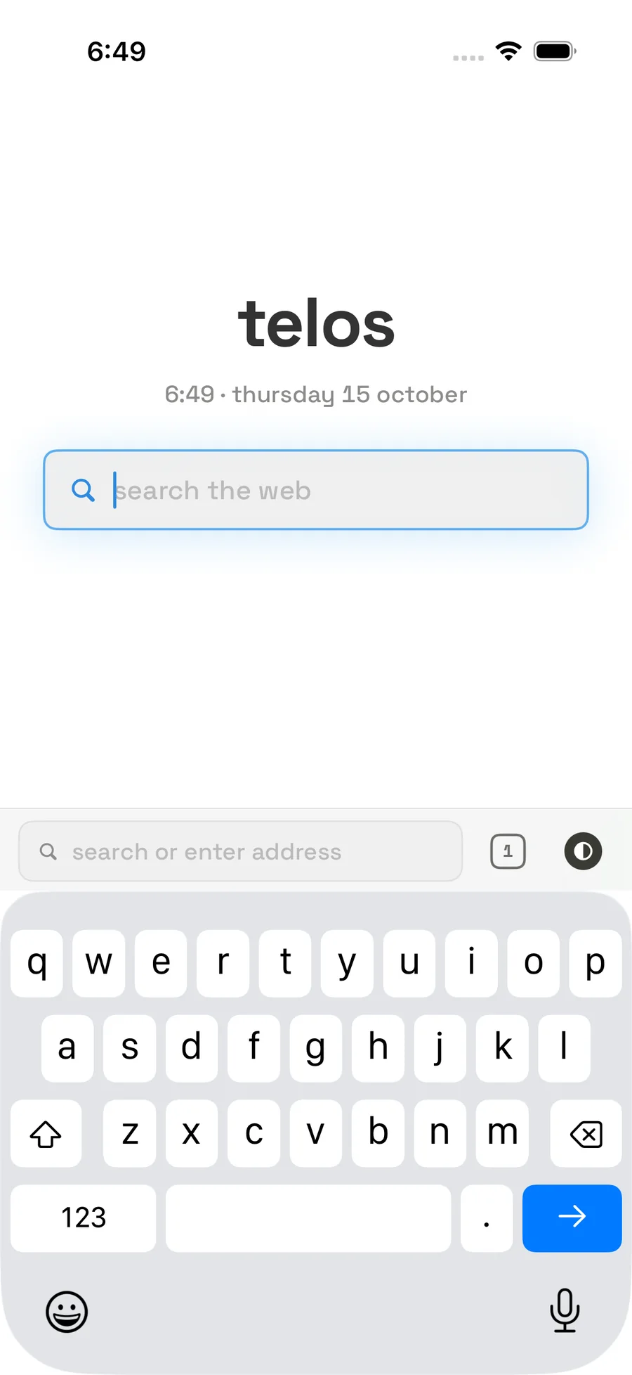 telos on iPhone: the start state, with the telos wordmark, the date and a search field above the keyboard