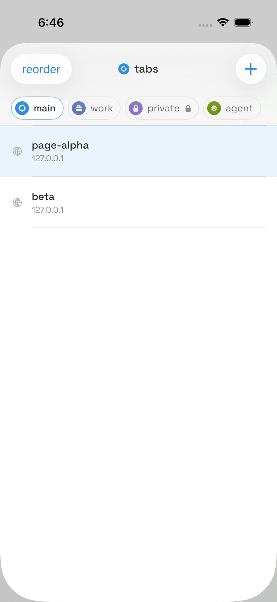 telos on iPhone: the tab switcher with main, work, private and agent profile chips