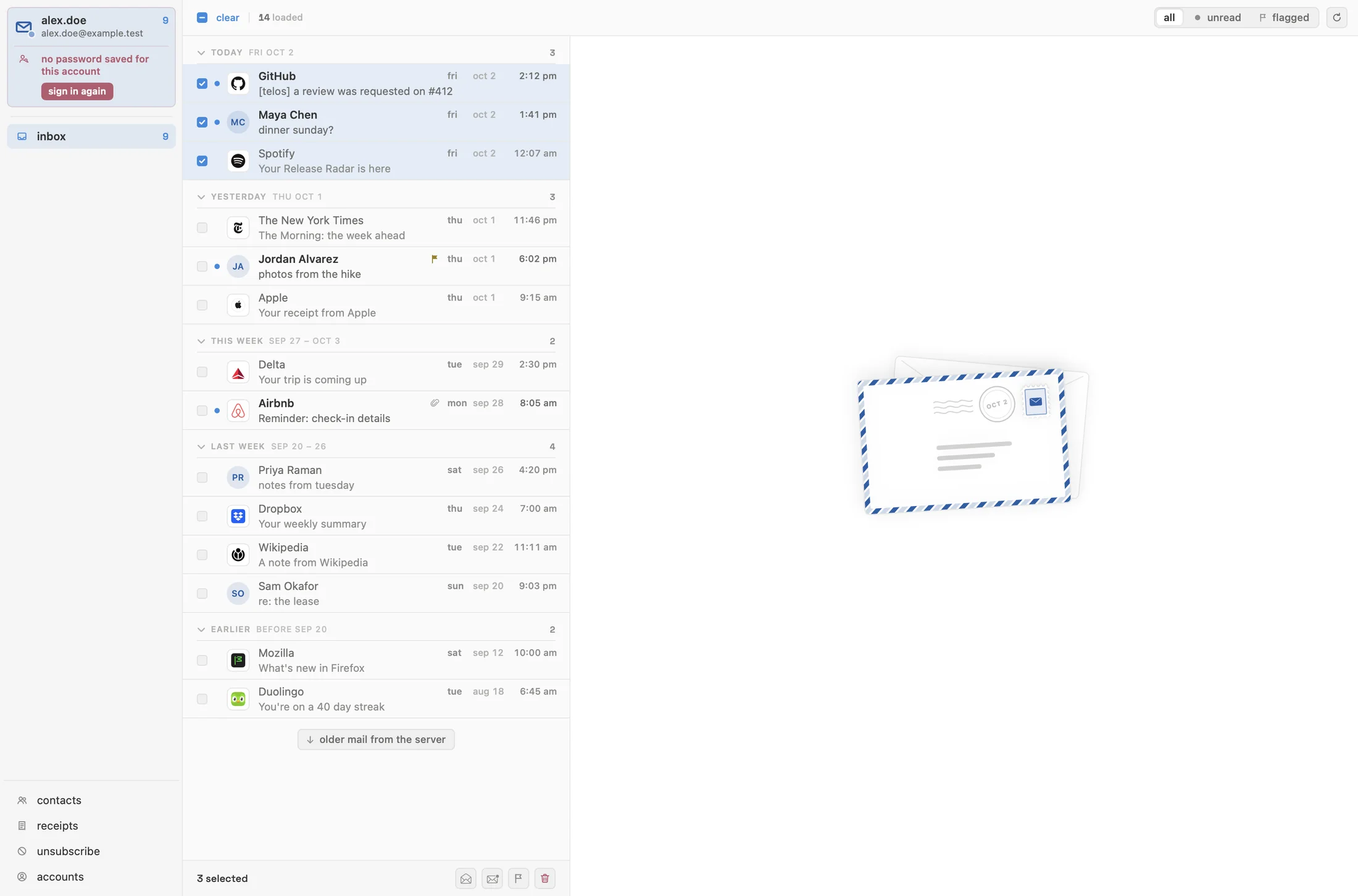 the telos mail desk: messages grouped by day with brand avatars, and an airmail envelope illustration