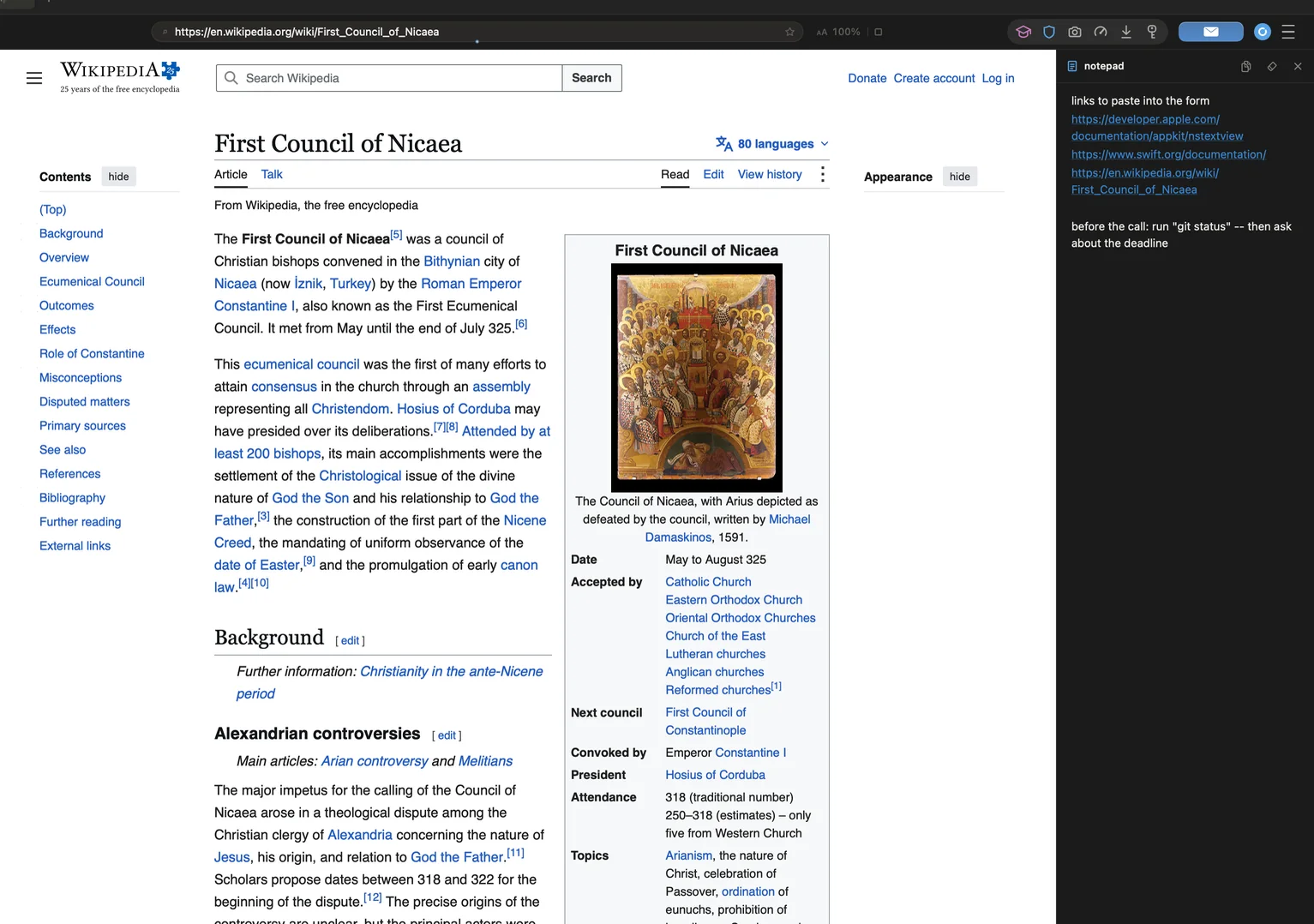 telos with the notepad open beside a Wikipedia article