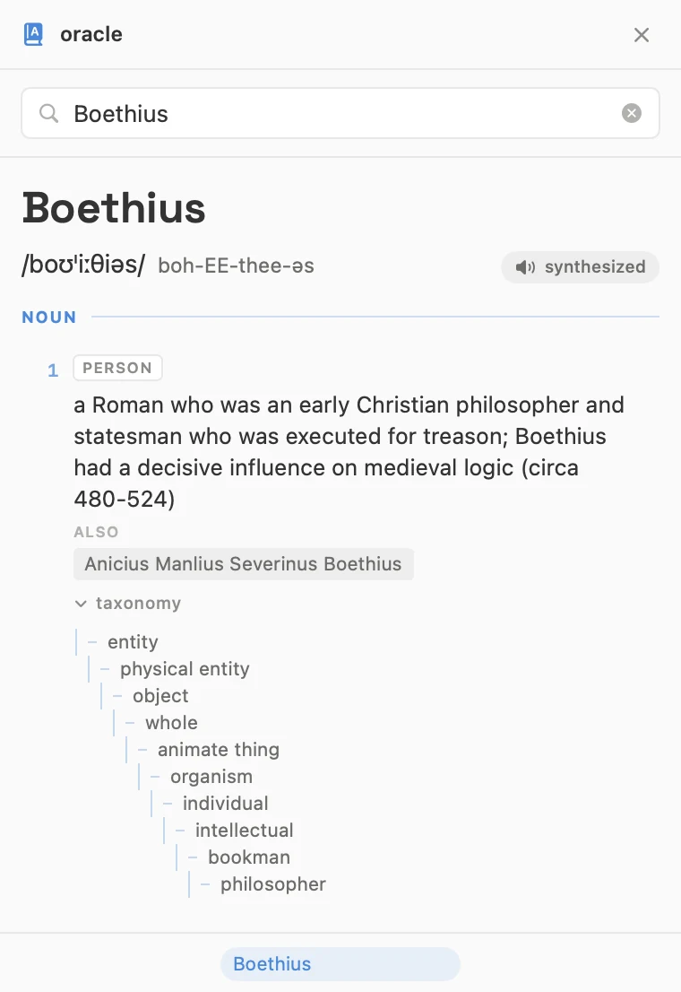 the oracle pane defining Boethius: pronunciation, a synthesized voice, the definition and its WordNet taxonomy from entity down to philosopher