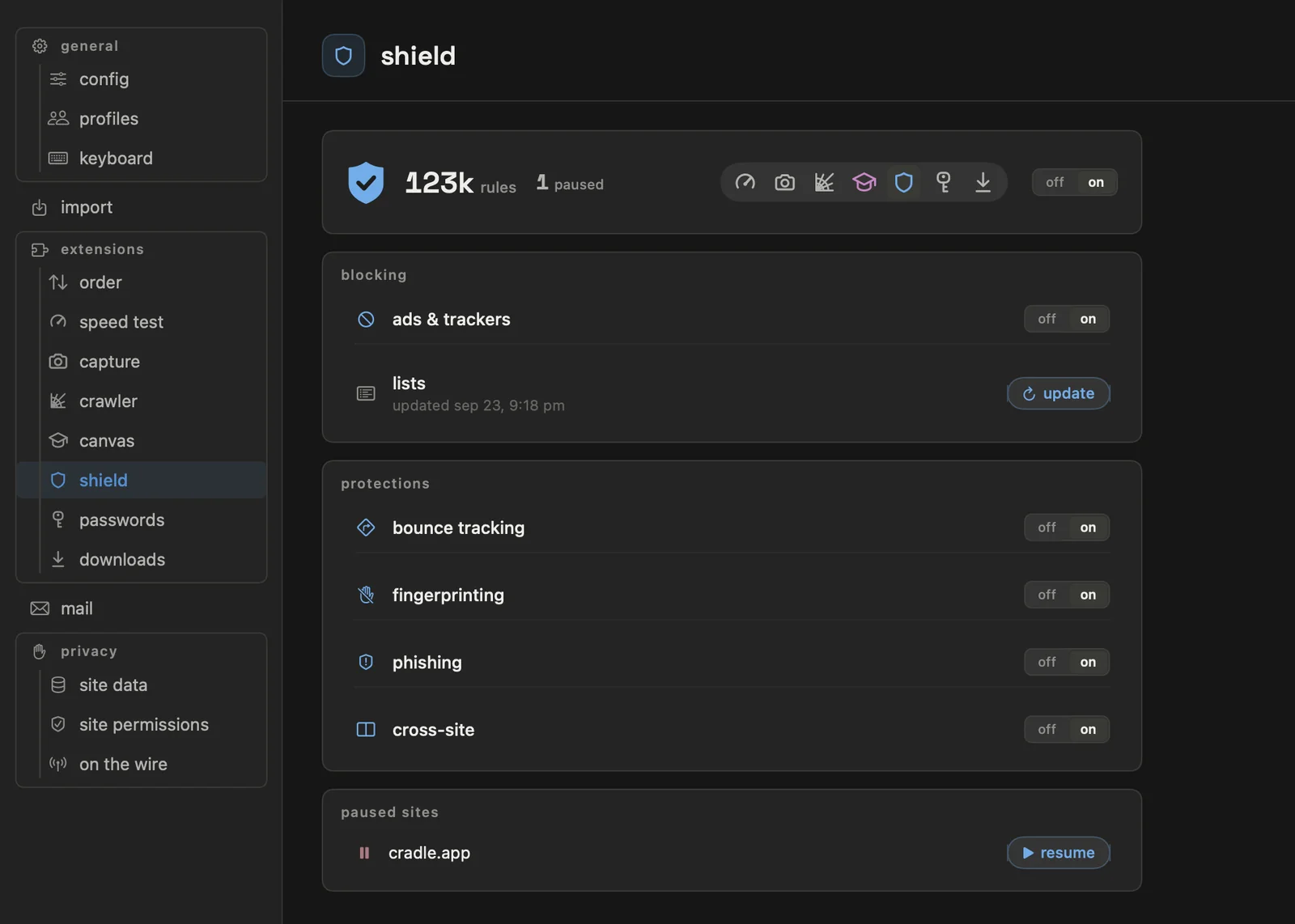 telos settings, shield page: 123k rules, ads and trackers on, protections for bounce tracking, fingerprinting, phishing and cross-site, one paused site