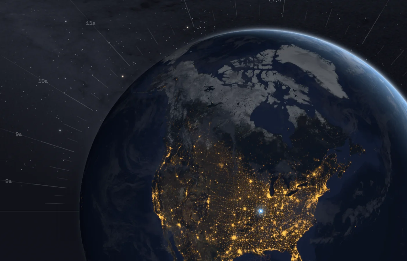the telos sky at 3 am: the real star field and hour rays over a night earth with North America lit
