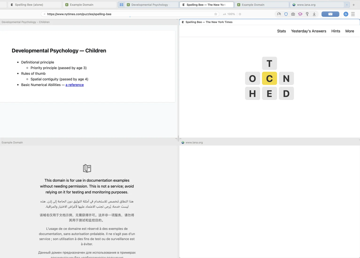 telos with a four-way split: a document, the New York Times Spelling Bee and two reference pages in one tab