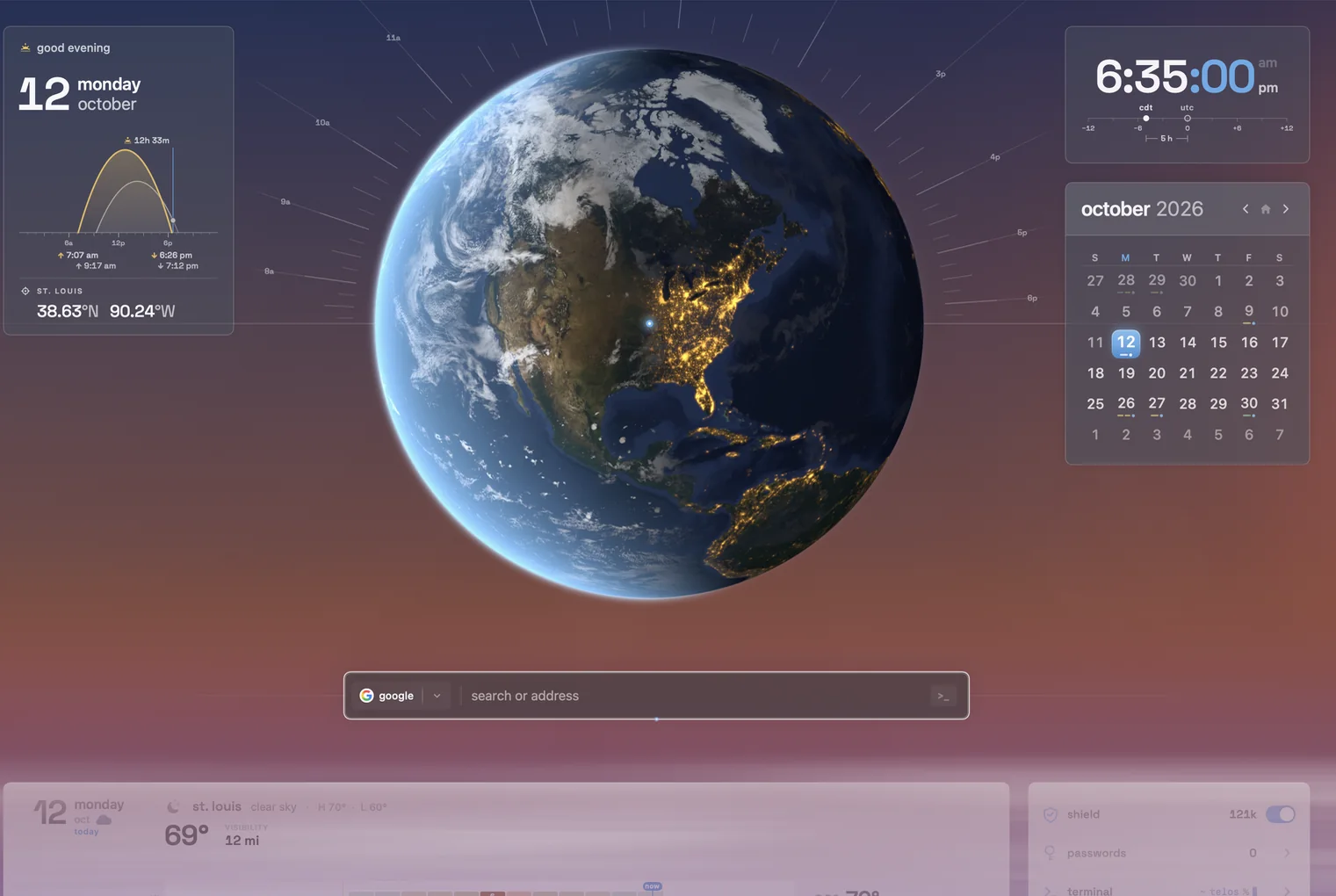 telos start page at 6:35 pm: dusk, with city lights coming on along the night side