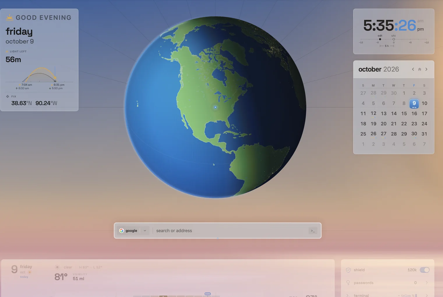 telos start page at 5:35 pm: the terminator crossing North America under a golden evening sky