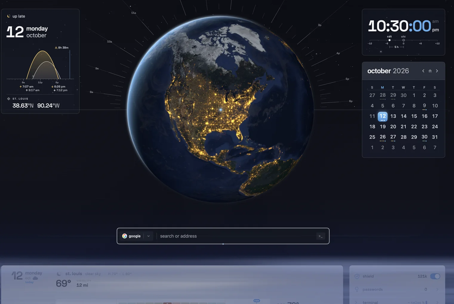 telos start page at 10:30 pm: the whole continent lit at night